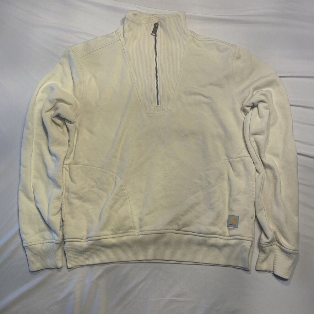 Carhartt Women's Relaxed Fit Quarter Zip Fleece Pullover Cream Size XS Sweater